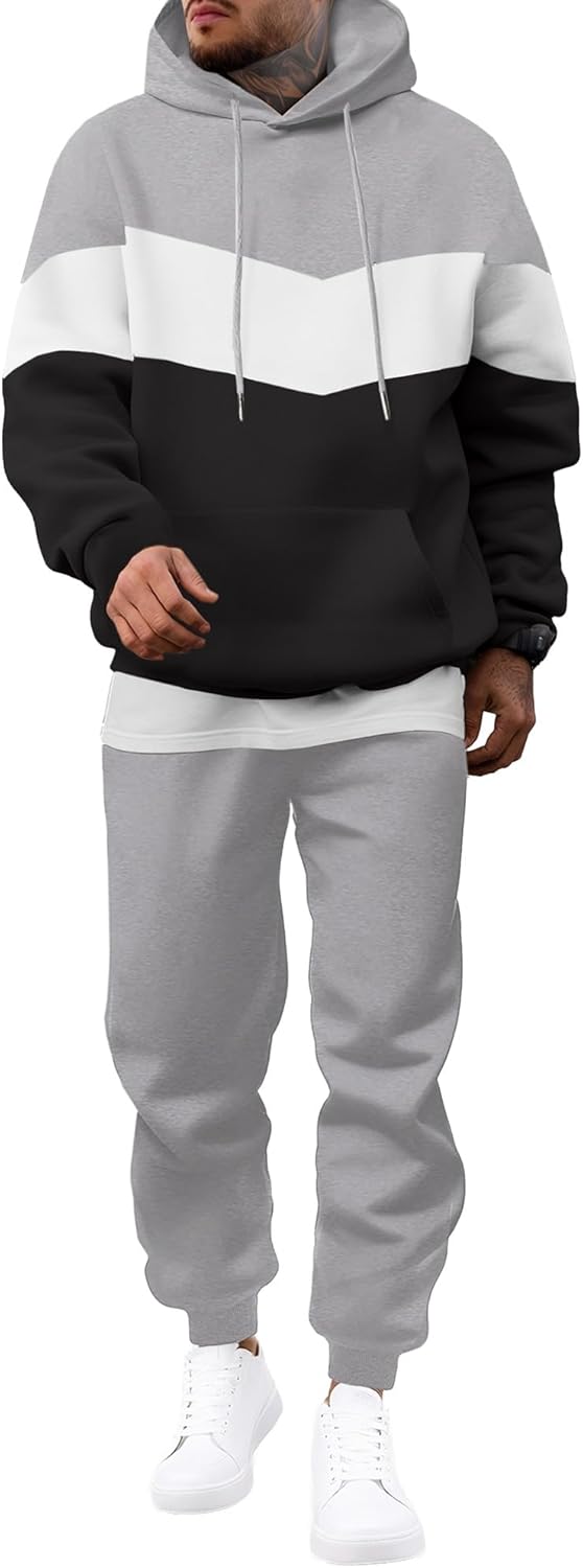 Men's Hoodie Tracksuit 2 Pieces Set Novelty Color Block Pullover Fleece Hoodies Long Sleeve Casual Sweatshirt