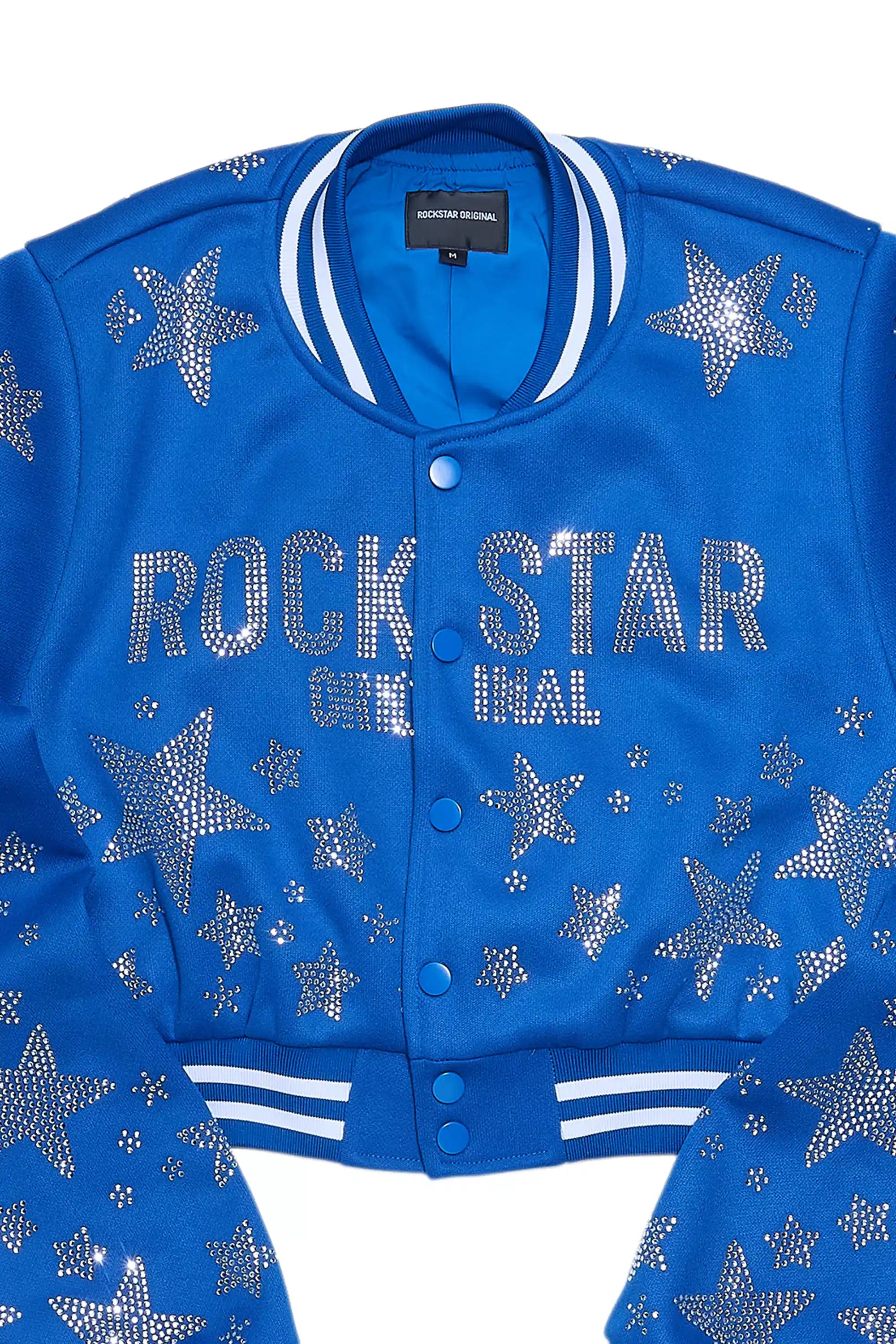 Shanda Royal Blue Crop Rhinestone Varsity Jacket