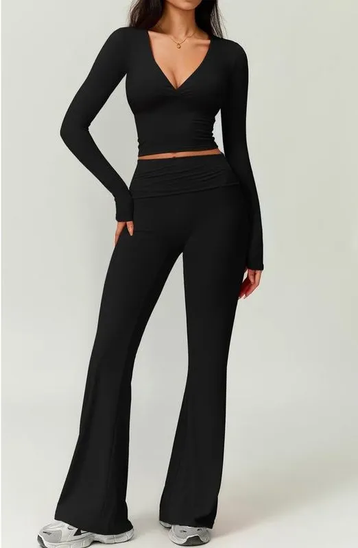 Women's High Elastic Soft V-Collar Flared Pants Set
