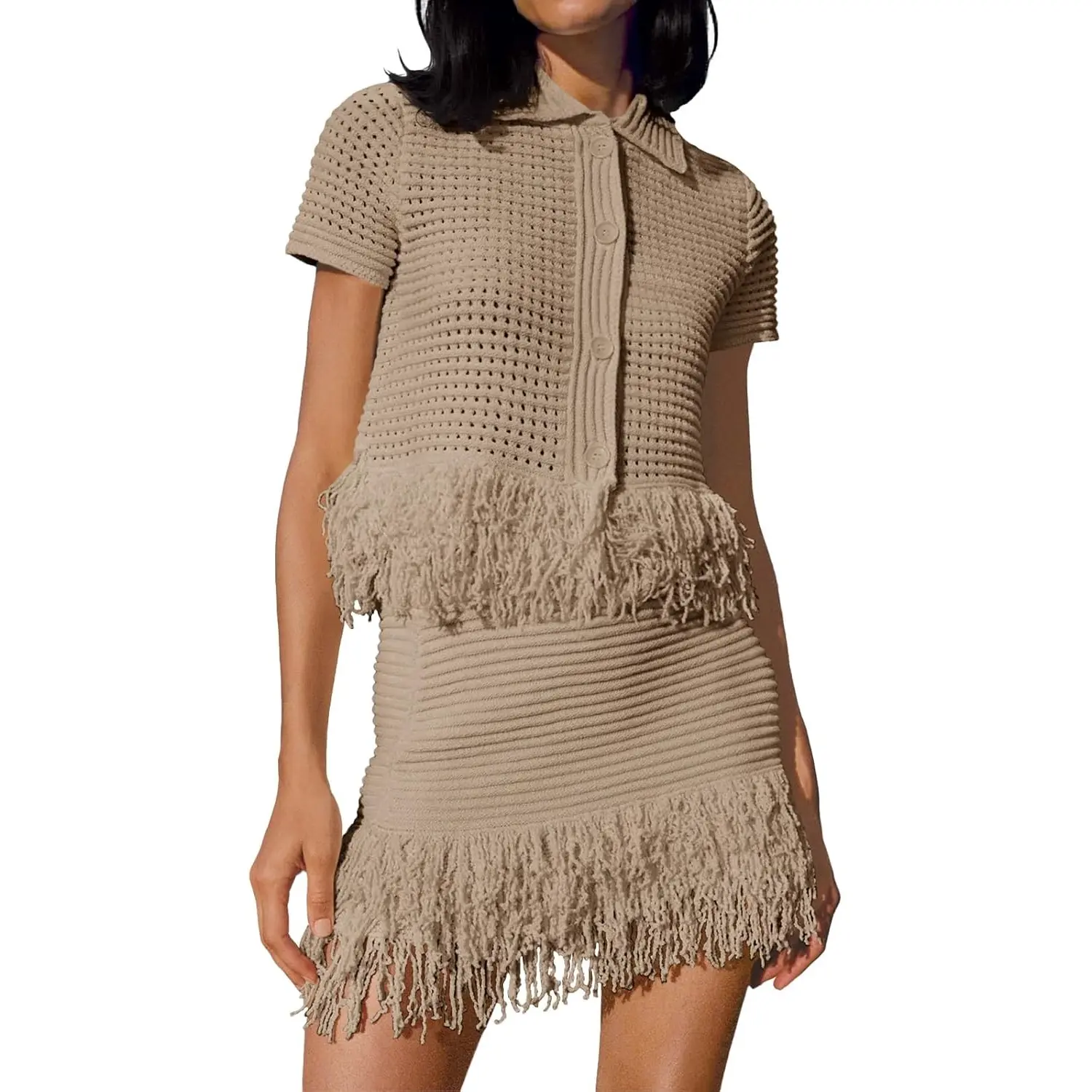 Womens 2 Piece Crochet Outfits Short Sleeve Button Knit Sweater Tops Fringe Skirt Summer Vacation Sets Beach Cover Ups