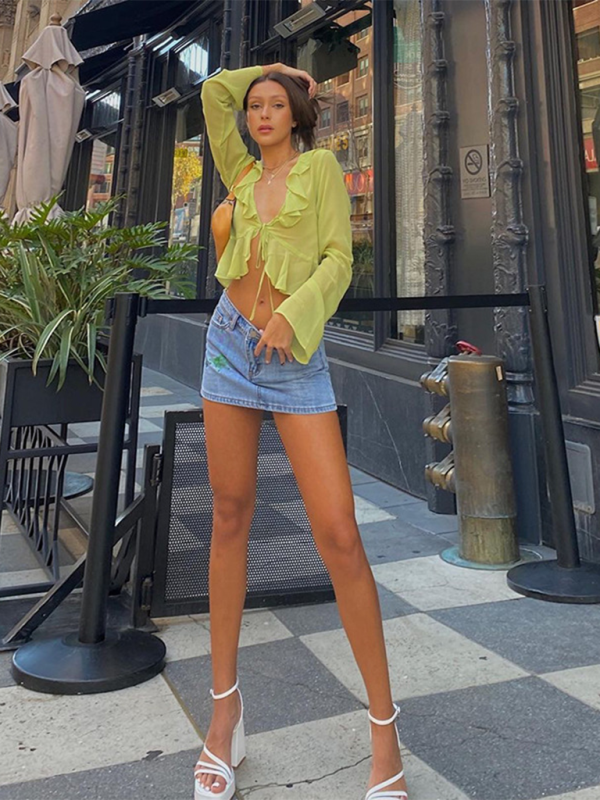 New Style Ruffled Lace-Up Deep V-Neck Long-Sleeved Transparent Top