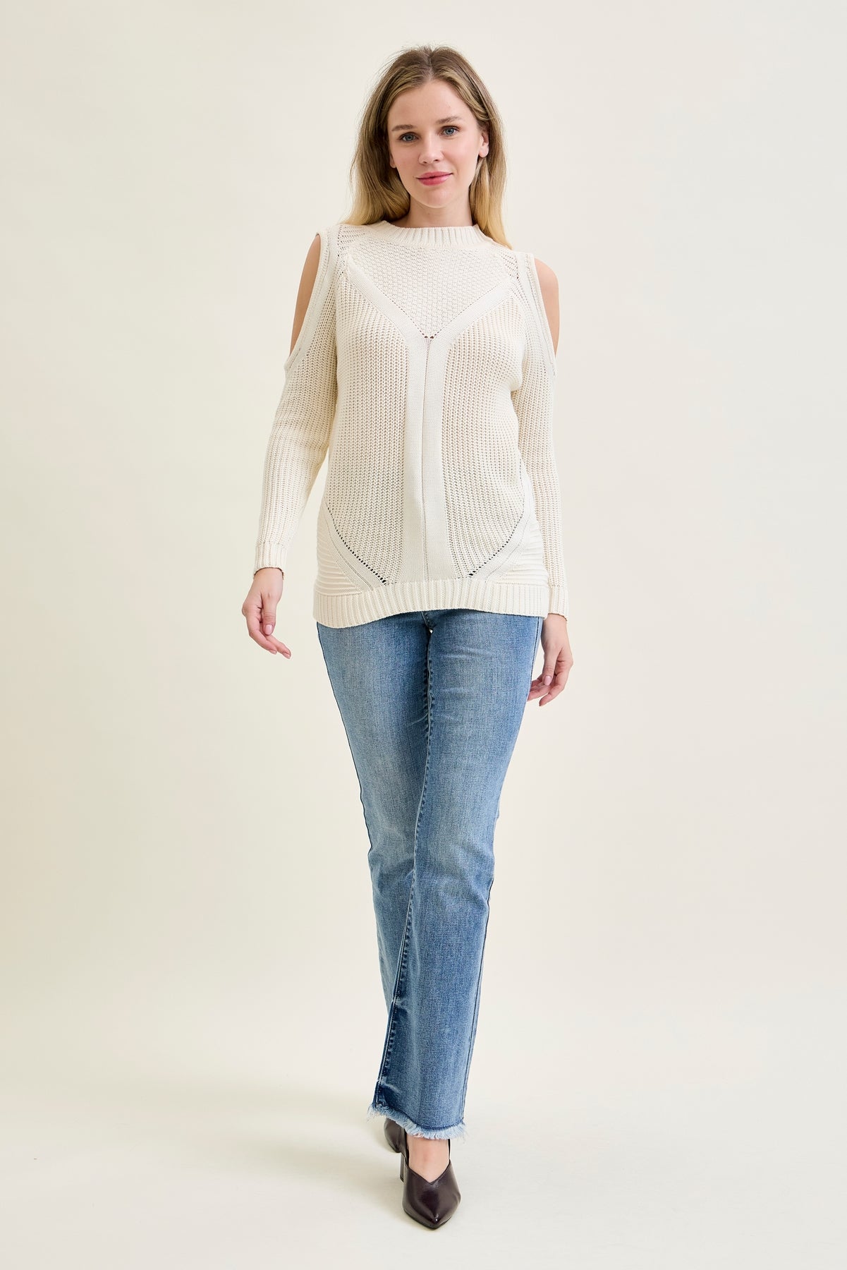 Cold Shoulder Cable Pullover White Sweater