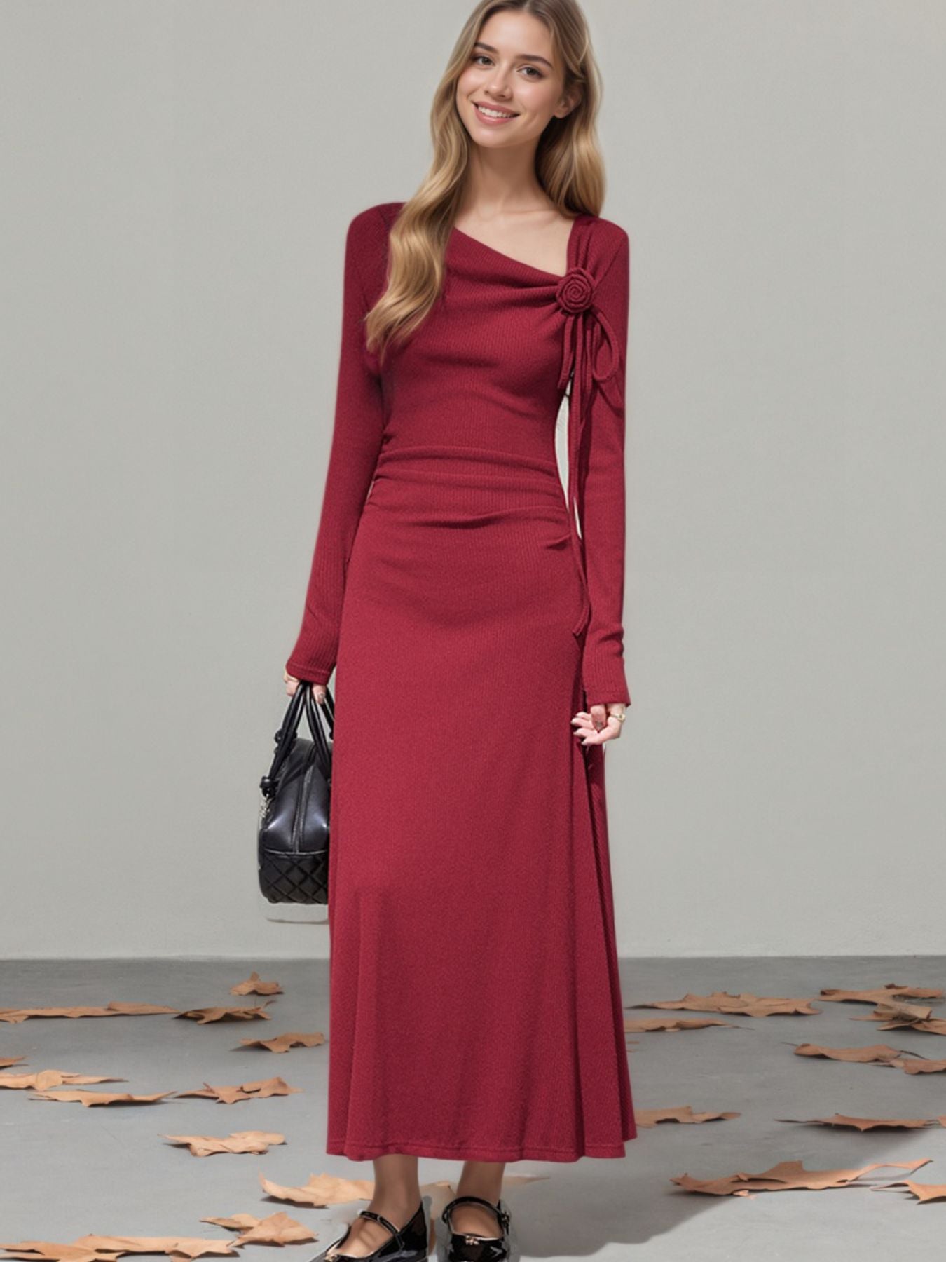 Flower Asymmetrical Neckline Long Sleeve Dress