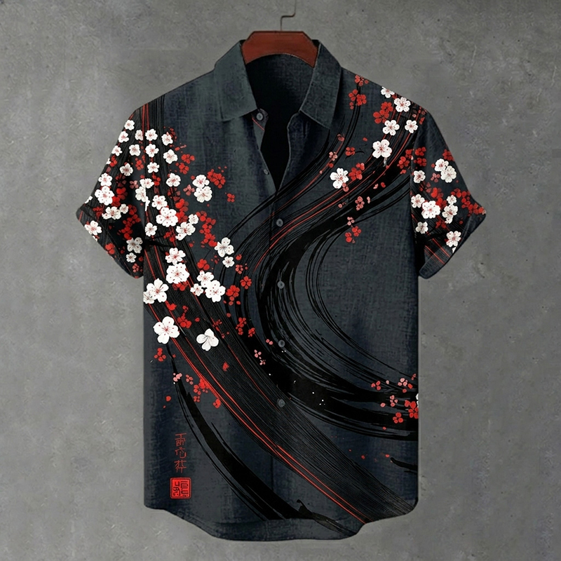 Men's Japanese-style Floral Print Linen Short-sleeved Shirt