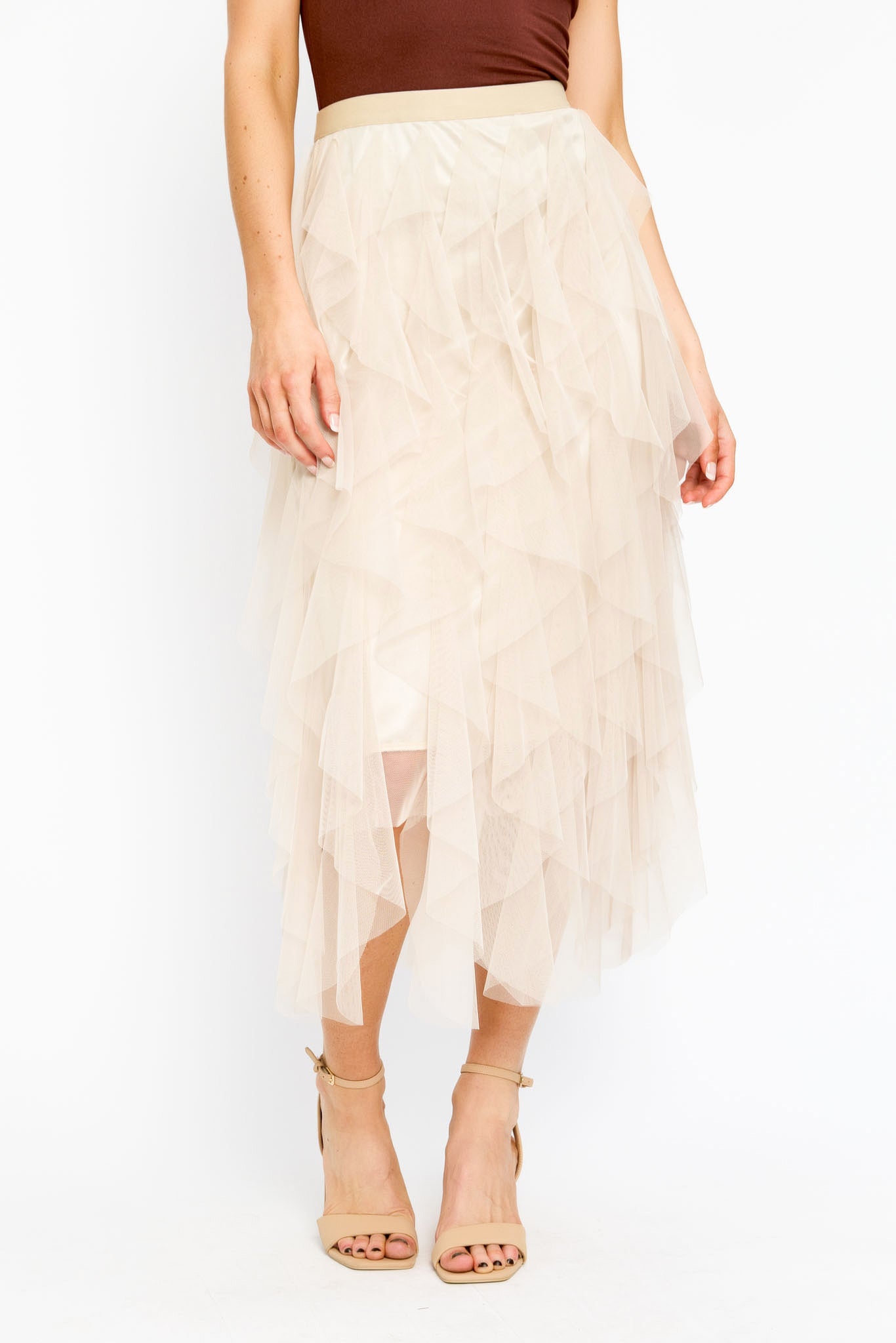 Ruffled Mesh Midi Skirt