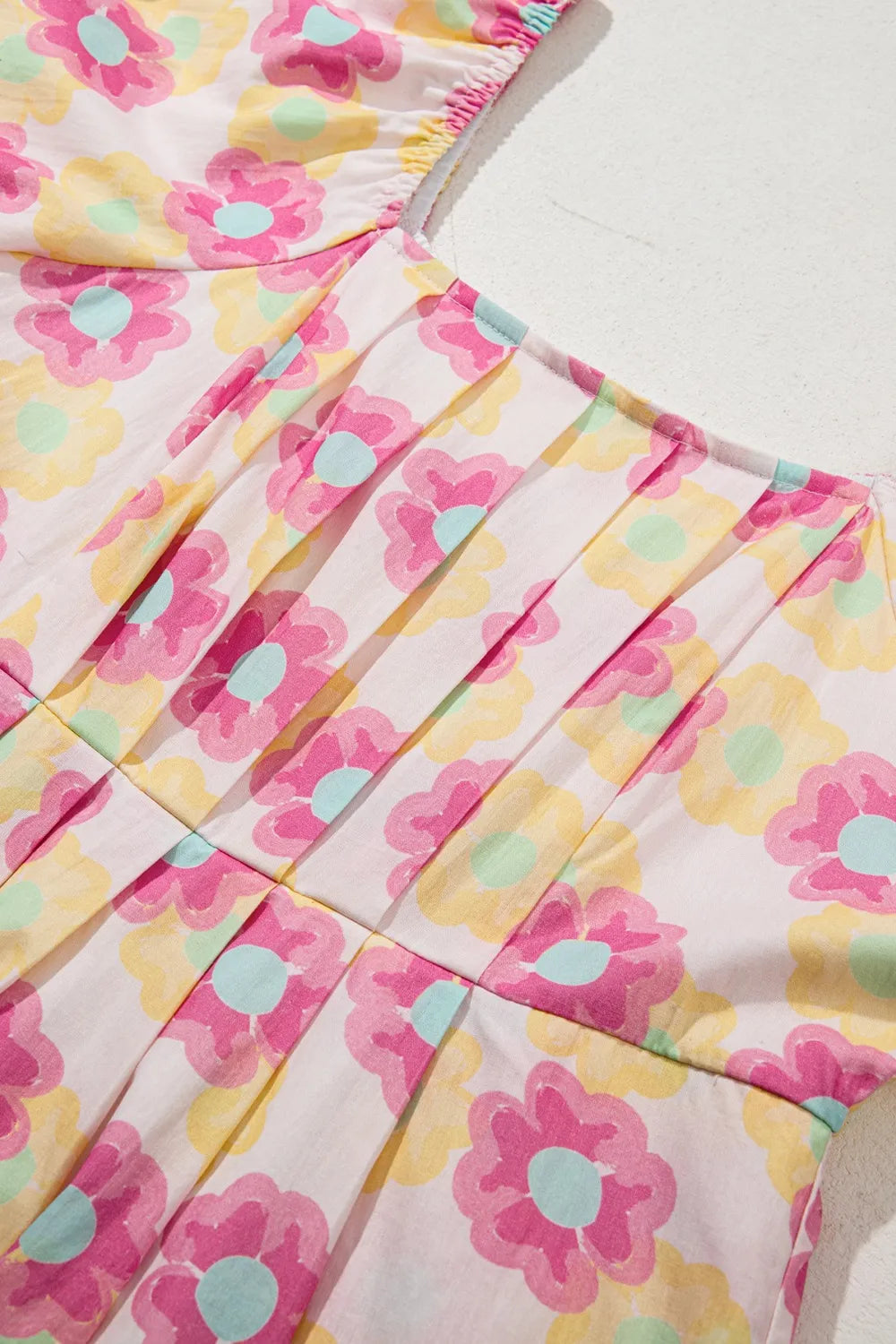 Floral Square Neck Puff Sleeve Pleated Flared Midi Dress