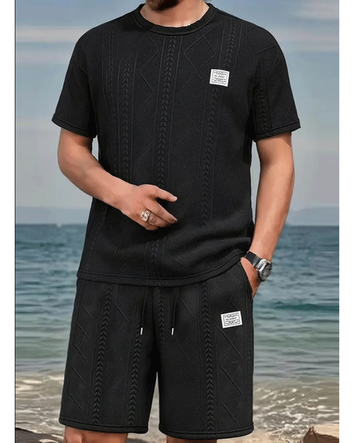 Men’s Textured Summer Two-Piece Set – Short Sleeve Tee & Drawstring Shorts