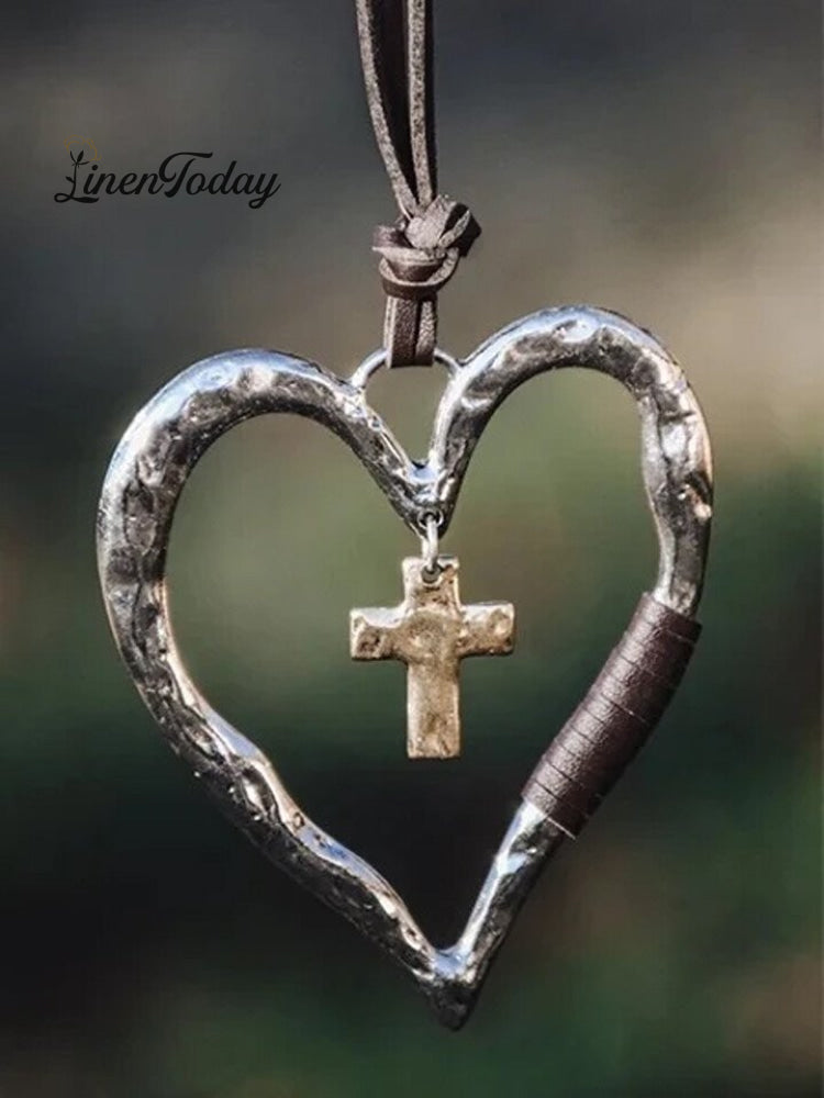 Women's Vintage Cross Love Heart Pendant Necklace