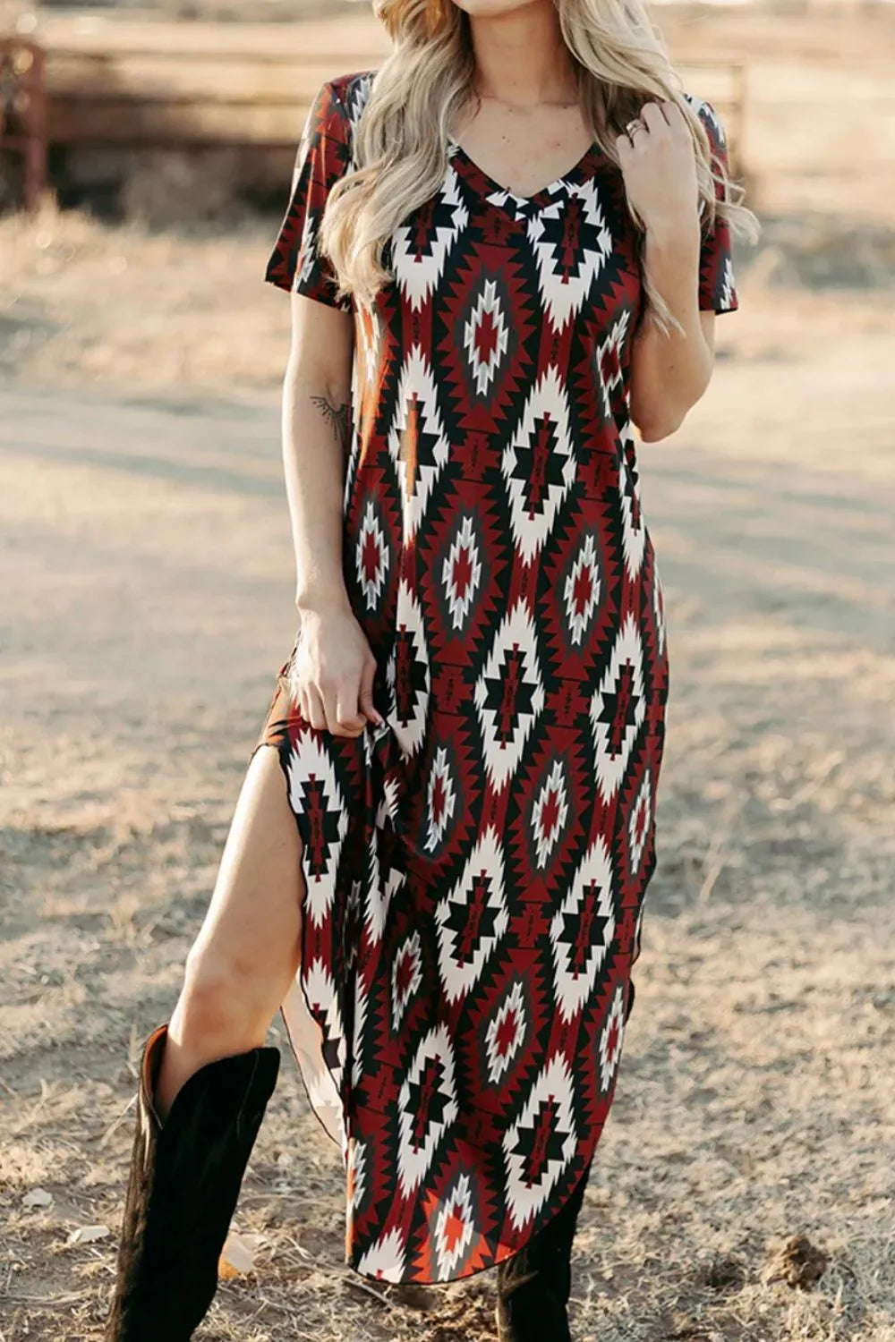 Aztec Print V-Neck Midi Dress