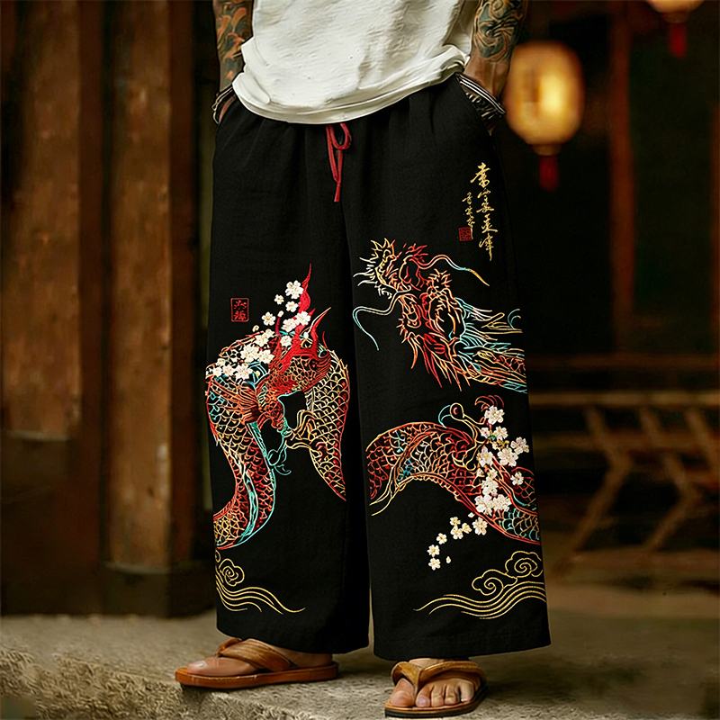 Men's Japanese Dragon And Cherry Blossoms Art Wide Leg Linen Pants