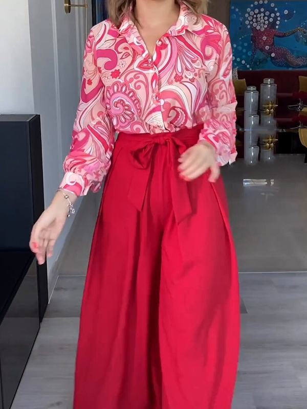 Printed Buttoned Lapel Blouse + Tied Waist High Waisted Wide Leg Pants Two Pieces Set