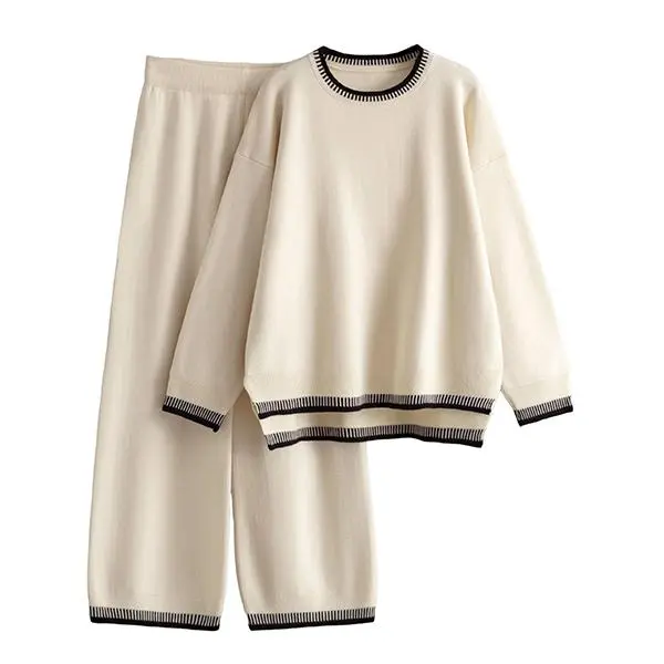 Chic Crew Neck Sweater & High Waist Loose Pants Casual Outfit
