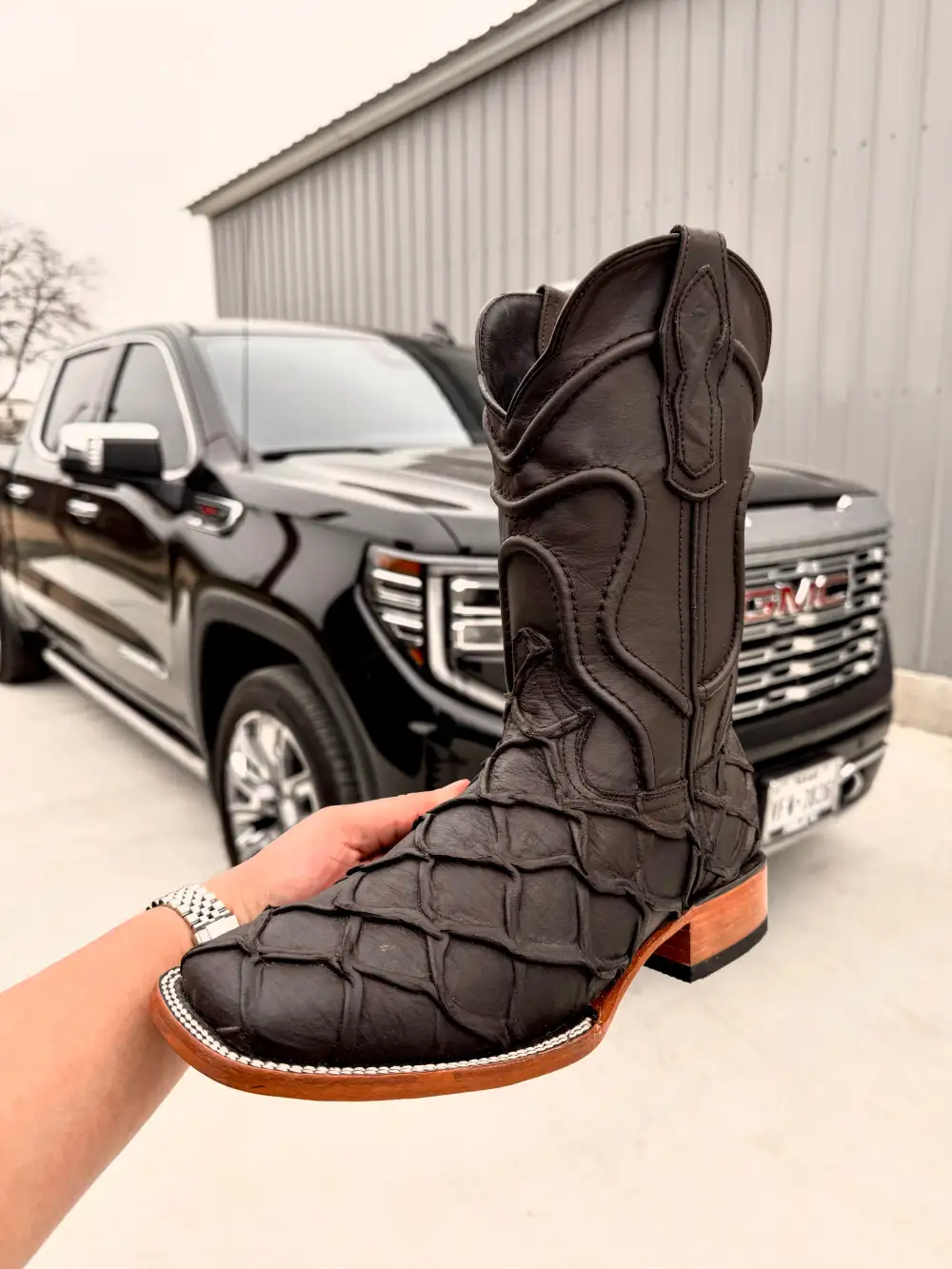 Matte Brown Pirarucu Leather Boots - Square Toe