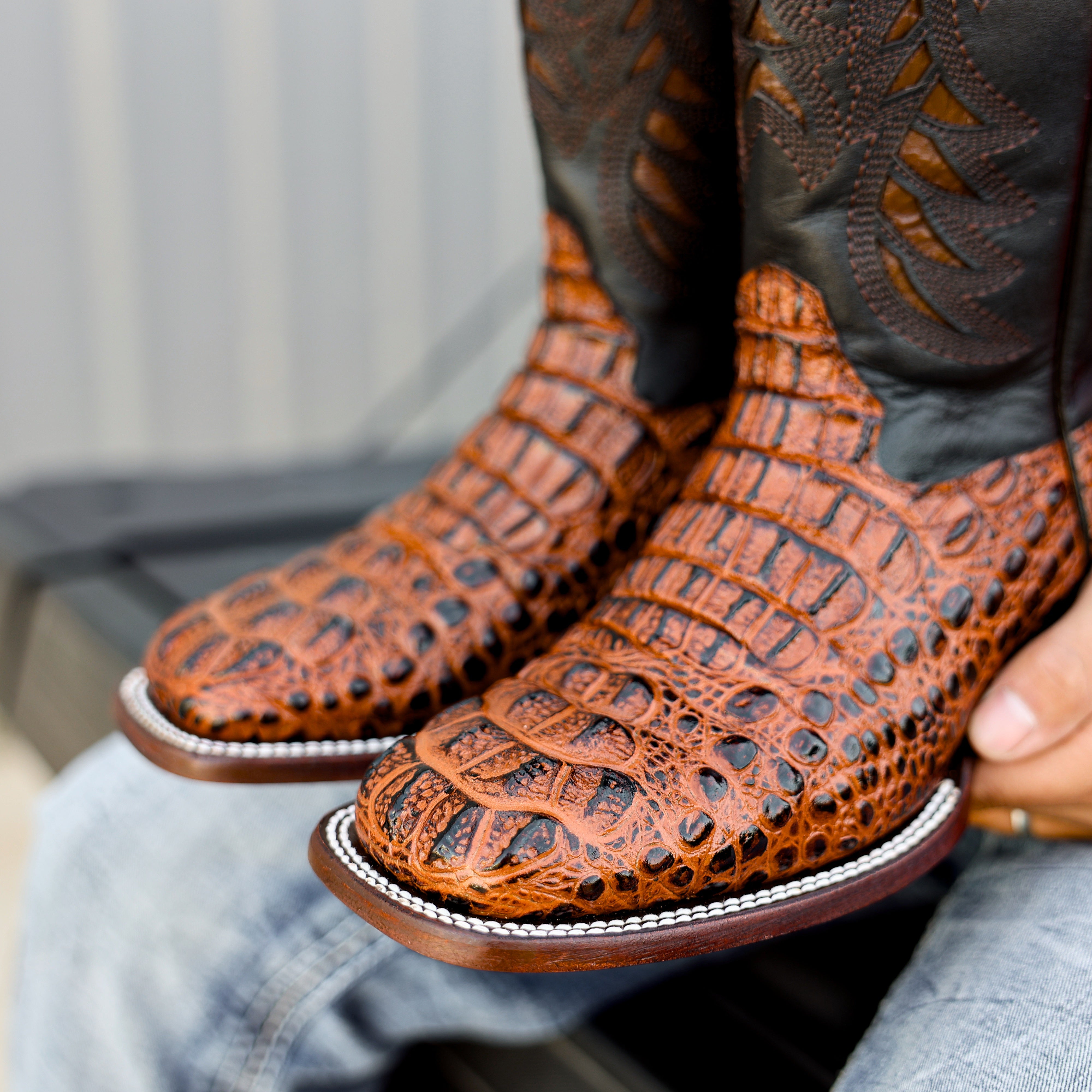 Cognac Caiman Neck Leather Boots - Square Toe
