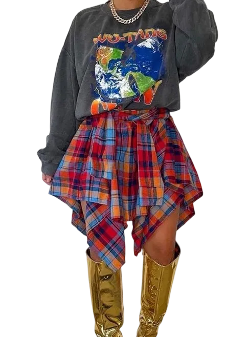 Women's Fashion Plaid Print Asymmetrical Hem High Waisted Skirt