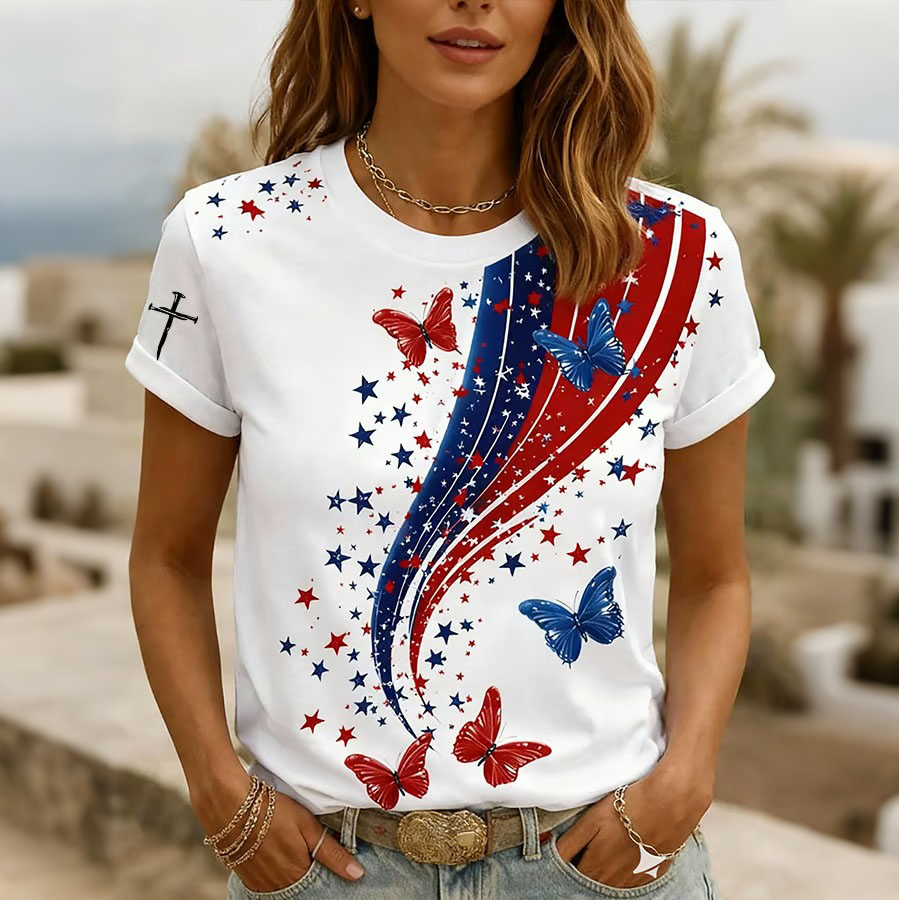 Women'S Retro American Independence Day Commemorative Printed Round Neck Short Sleeved T-Shirt