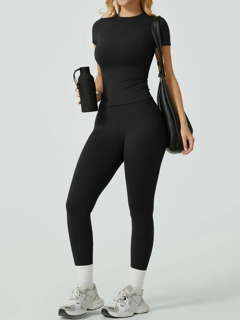 Women's Solid Ribbed Long Sleeve Tee & Leggings Sport Set