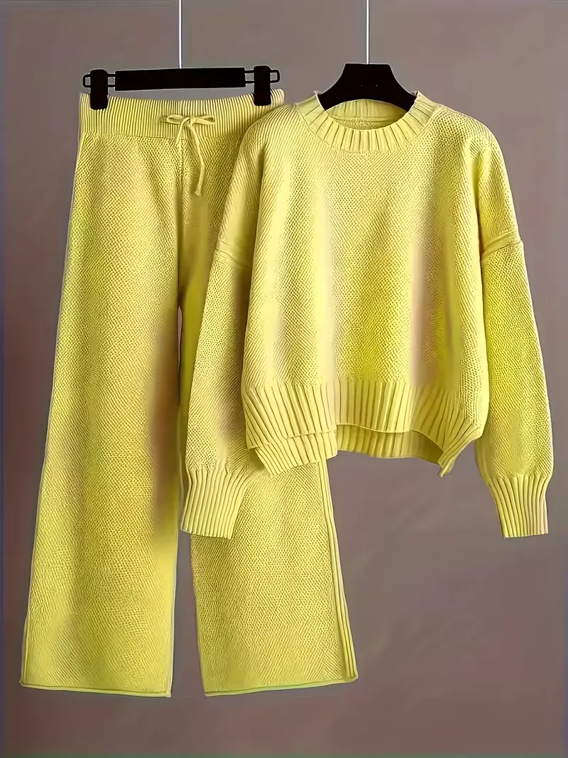 Elegant Seed Stitch Knit Sweater & Wide-Leg Pants Two-Piece Set