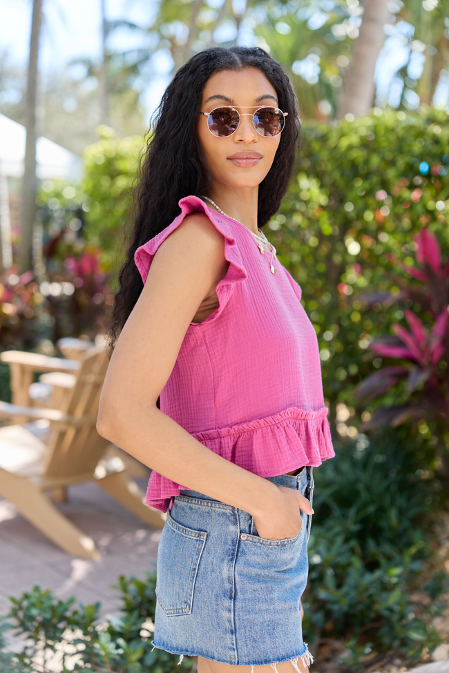 Ruby Pink Gauze Flutter Button Back Woven Blouse