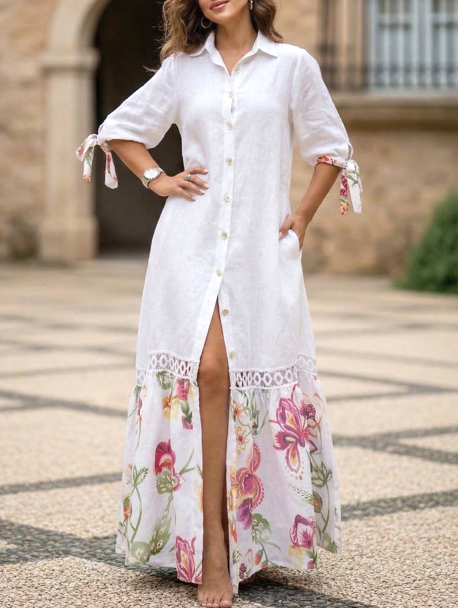 Lace Tie Sleeve Shirt Dress