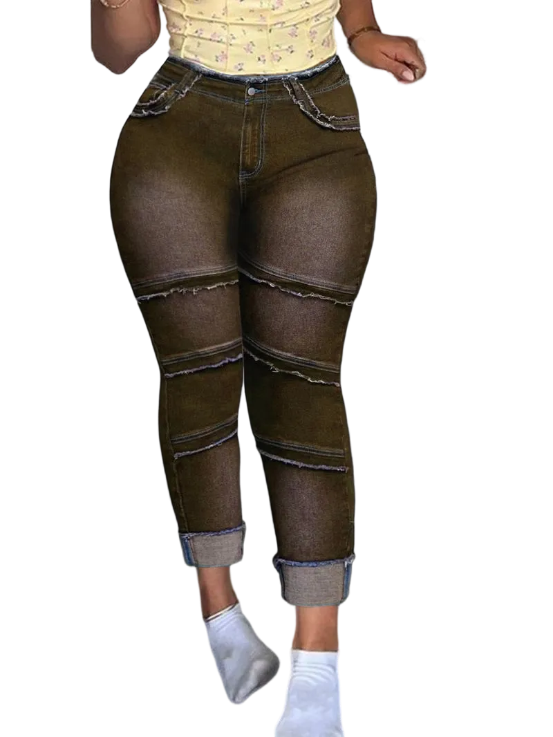 Raw Hem Pocket High Waisted Denim Jeans, Casual Comfy Slim-fitting Trousers for Daily Wear