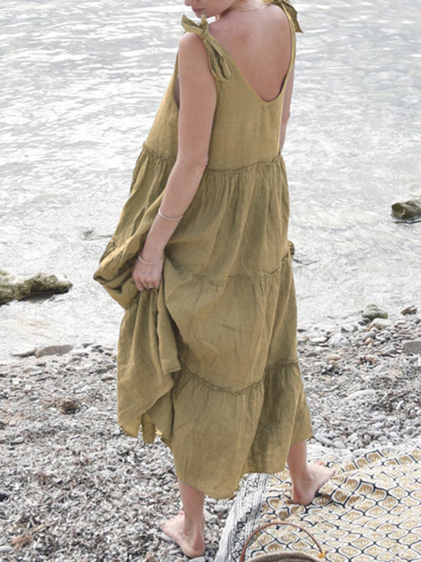 Solid Color Loose Sleeveless V-Neck Midi Dresses