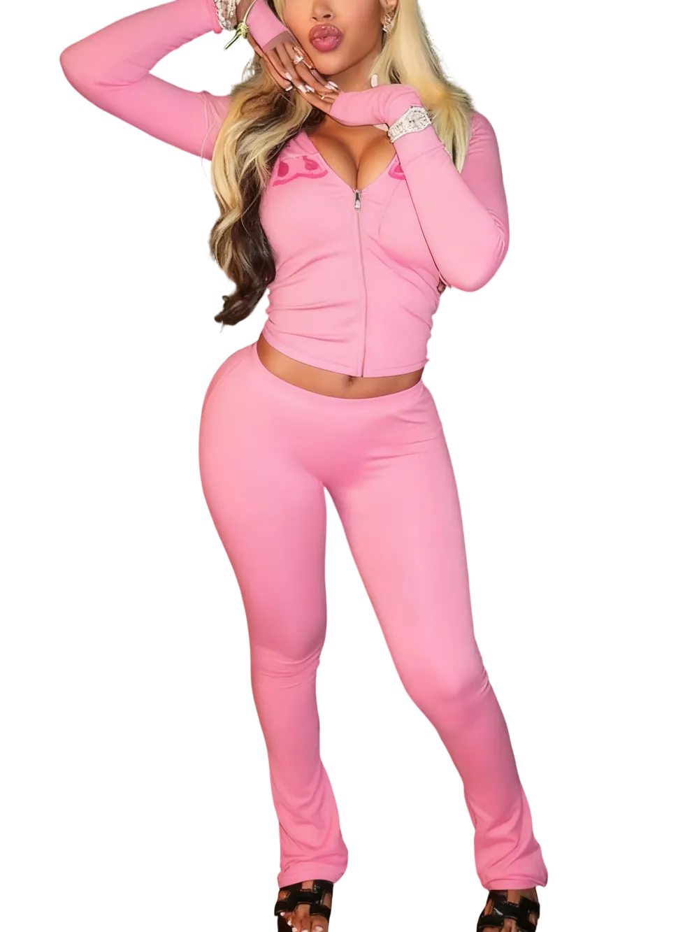 Women's Fall Winter Hooded Letter Print Zipper Jacket and Pants Set