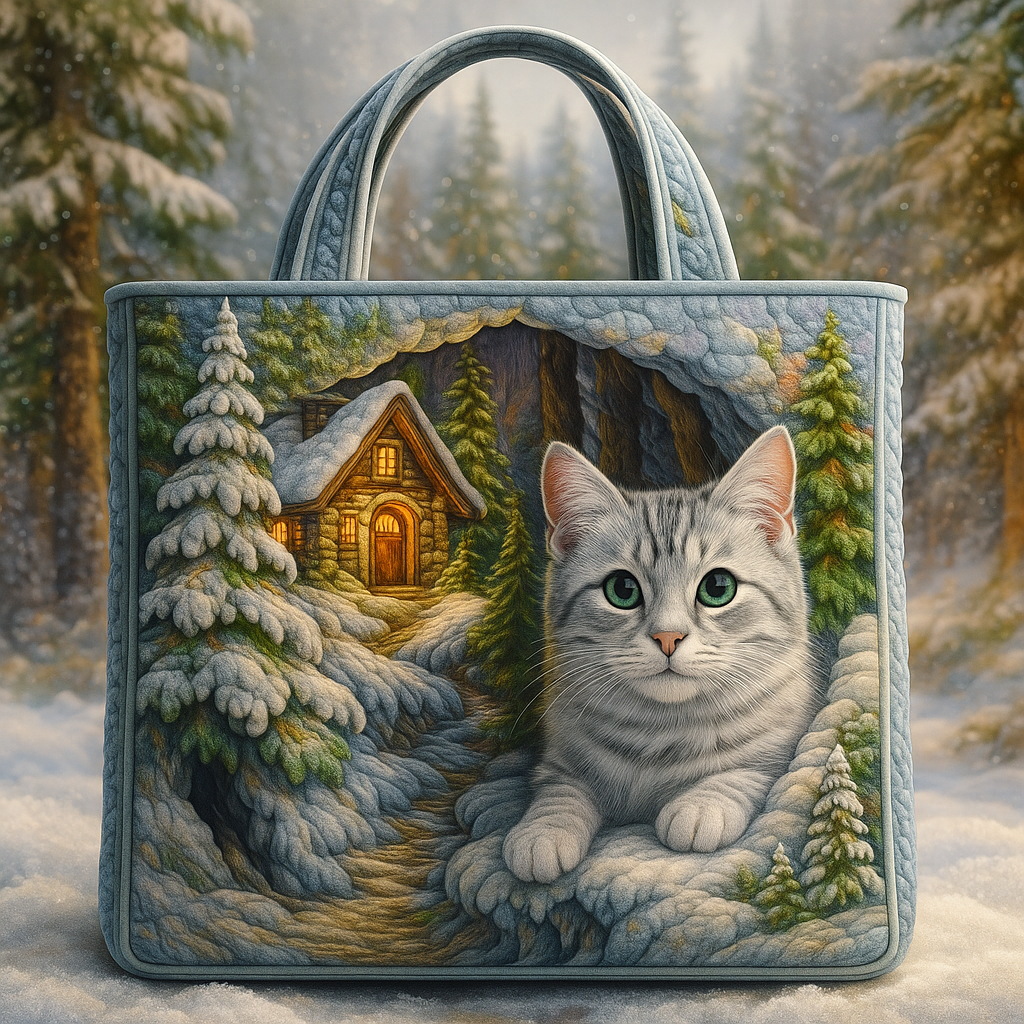 Whispers of Winterlight — 3D Snowy Cat Quilted Tote Bag ✨
