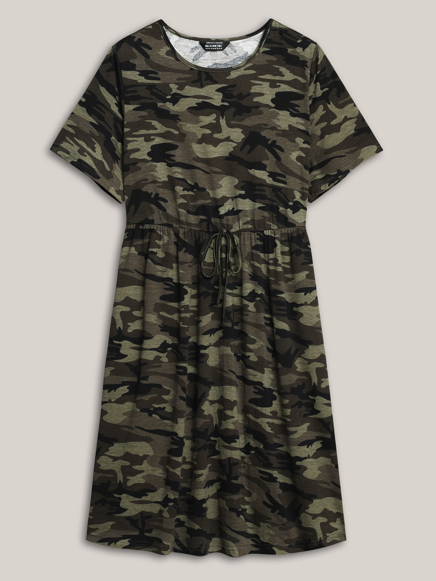 Camouflage Print Round Neck Pockets Midi Dress