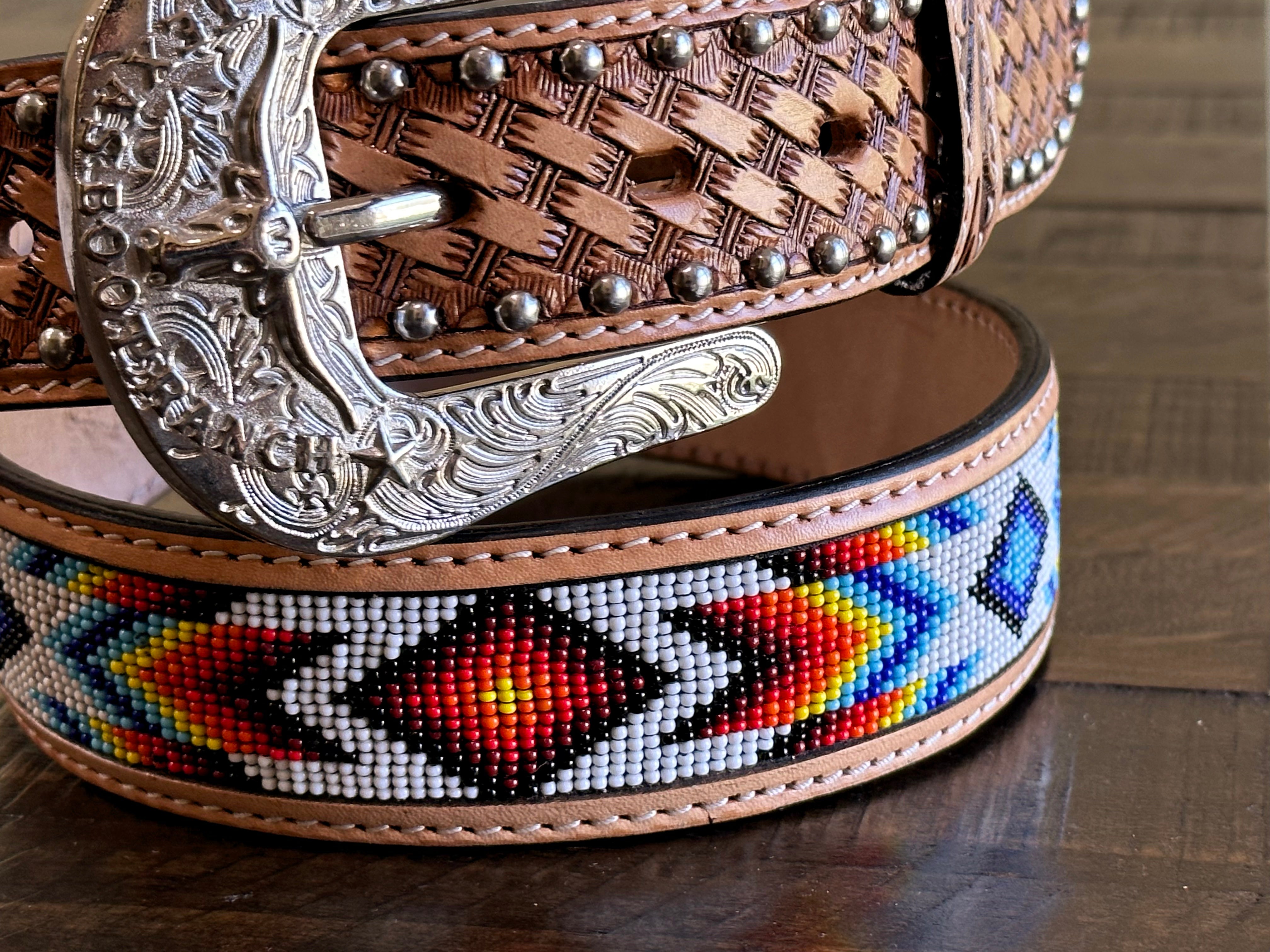 Honey Hand-Tooled Artesanal Tabs With Silver Studs With White and Red/Blue Beaded Leather Belt