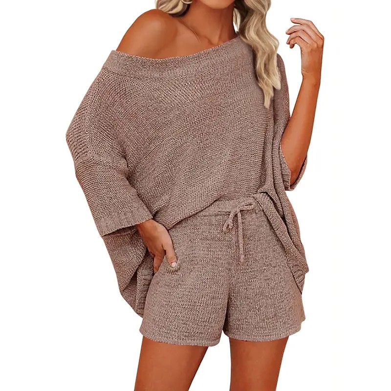 isace Women's 2 Piece Knit Lounge Set – Off-Shoulder Sweater Top and Shorts Matching Outfit, Cute and Comfy Pajama or Casual Wear