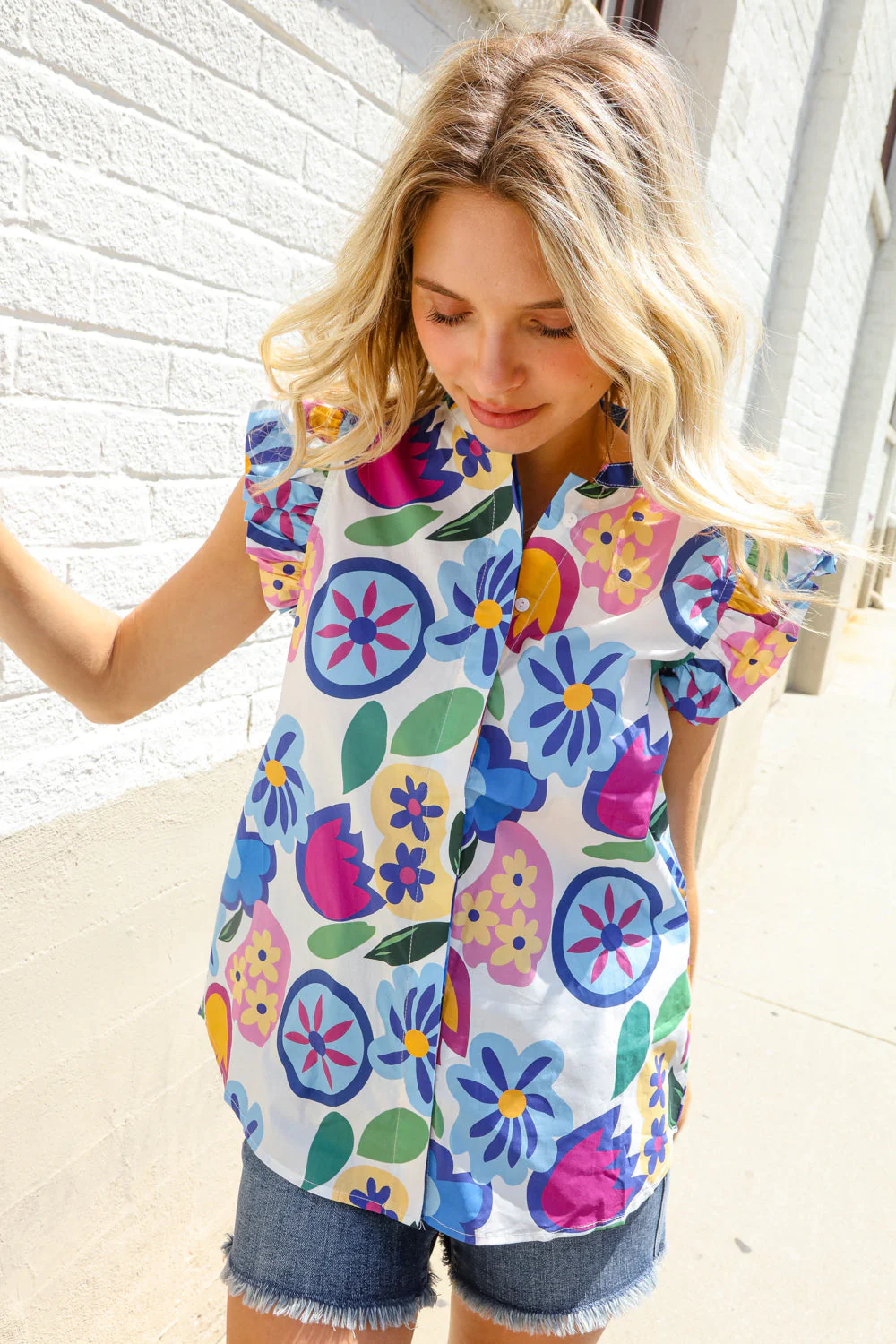 Adorable You White & Blue Abstract Print Flutter Sleeve Notch Neck Top