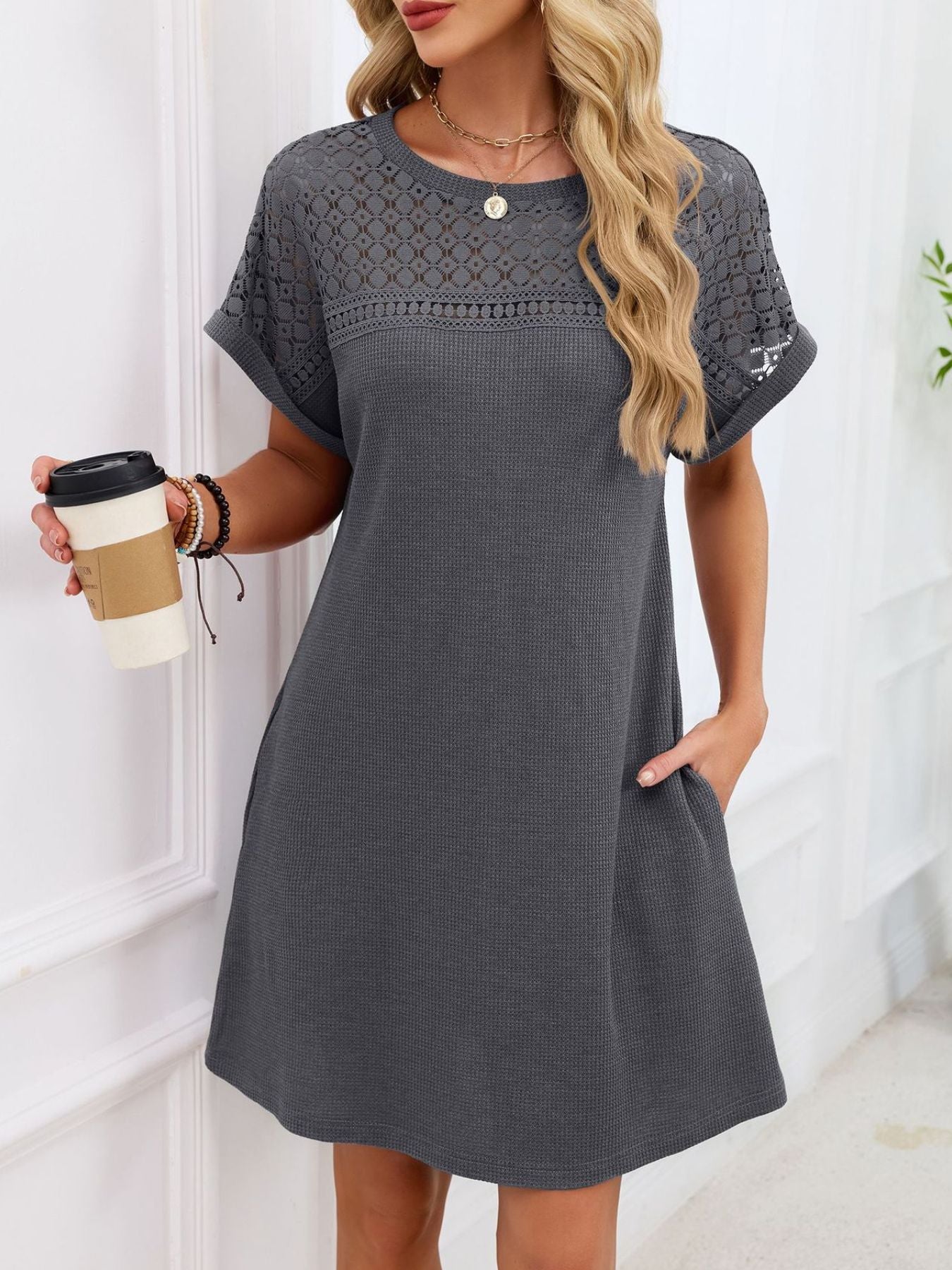 Lace Round Neck Short Sleeve T-Shirt Dress