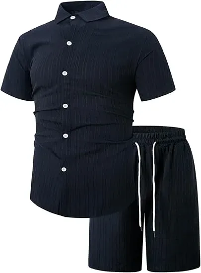 Men'S Solid Textured Short Sleeve Button Front Shirt & Pocket Drawstring Waist Shorts Two-Piece Set, Casual Summer Outfits Clothes Set For Men, Sets For Men Clothing, Menswear,  Summer Outfits Set
