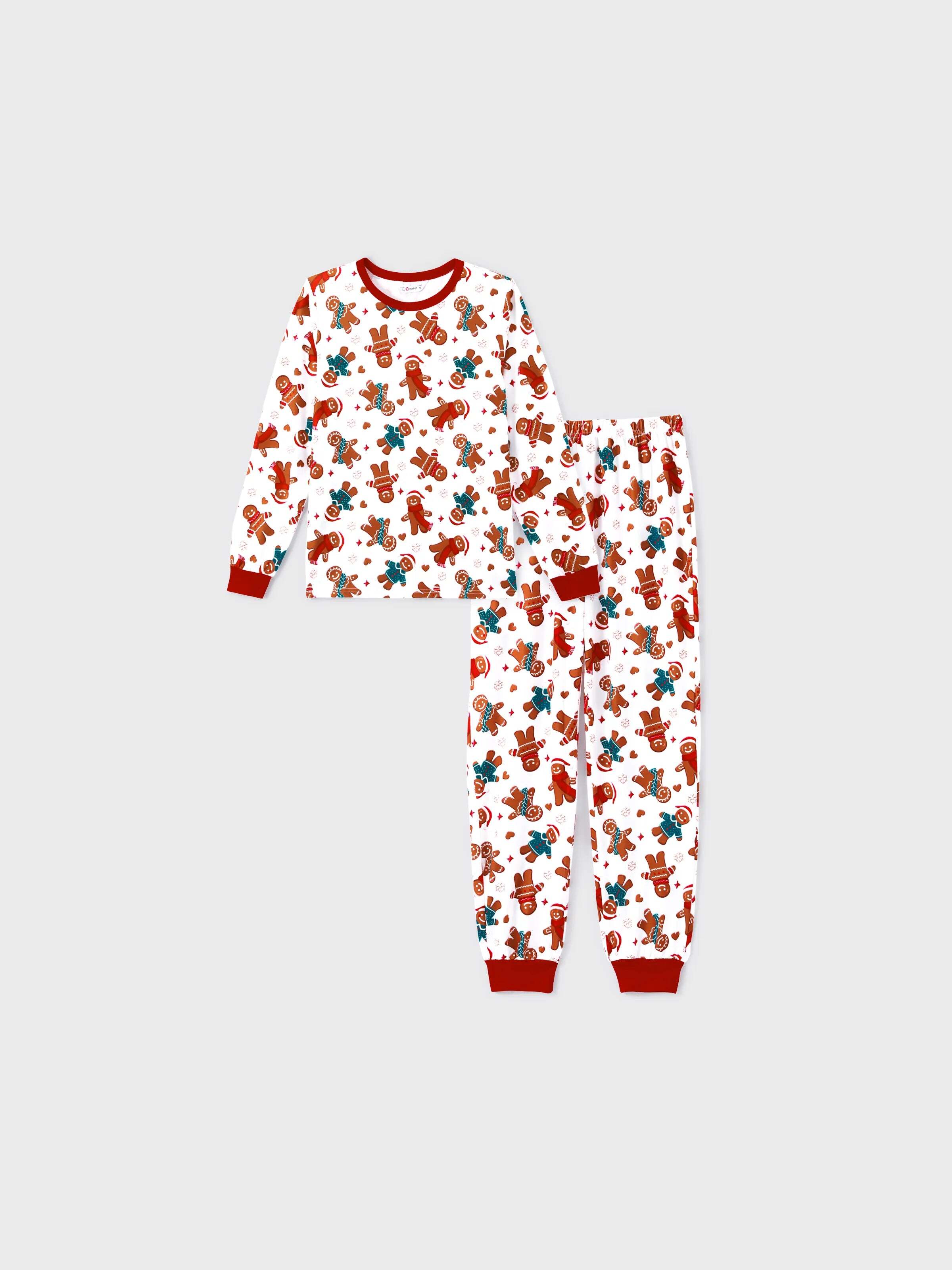Christmas Family Matching Cartoon Gingerbread Man Allover Print Pajamas Sets with Christmas Socks White