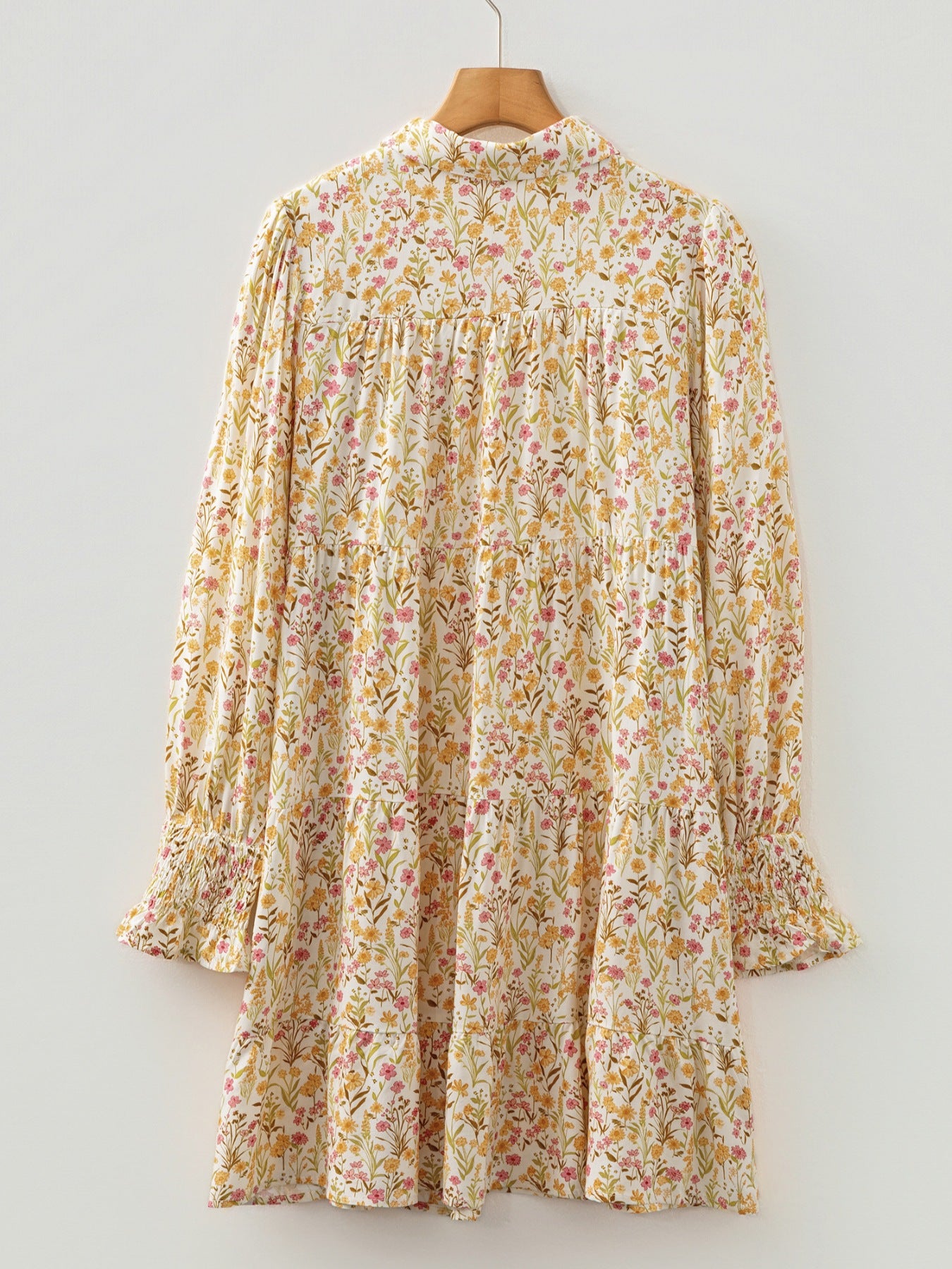 Floral Print Frilly Trim Smocked Cuff Long Sleeve Loose Shirt Dress