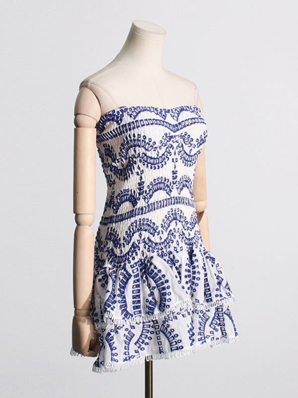 Embroidered Tube Top Dress With Hollow Ruffles And Stitching Design A-Line Skirt