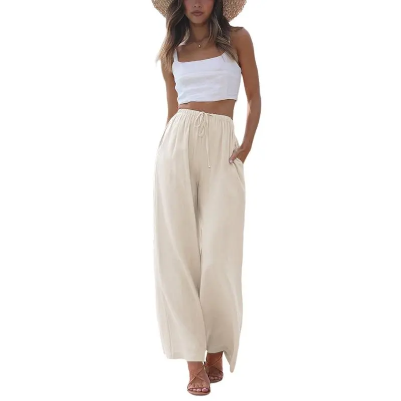Women's Cotton Linen Summer Palazzo Pants Flowy Wide Leg Beach Trousers with Pockets Casual Womenswear