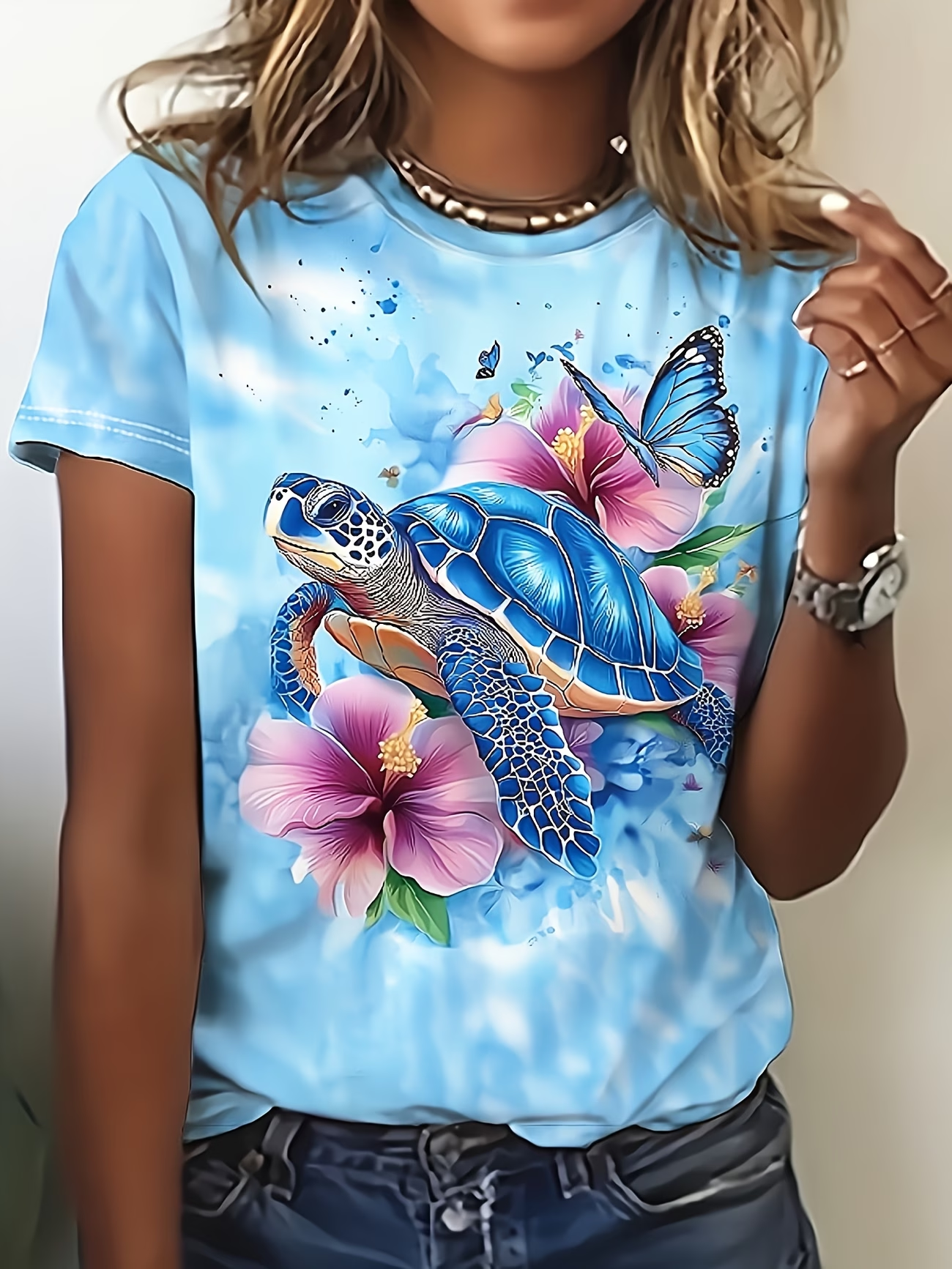 Women's Short Sleeve T-shirt Summer Blue Floral Printing Jersey Crew Neck Daily Going Out Casual Top
