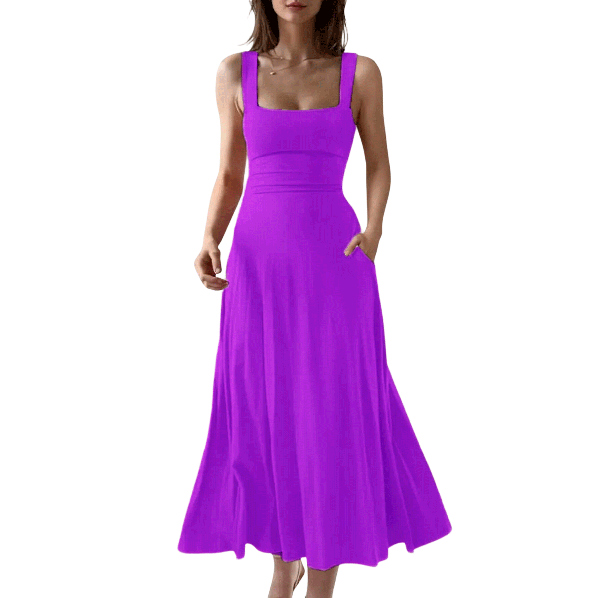👗👗 Women’s Square Neck A-Line Flowy Dress with Pockets