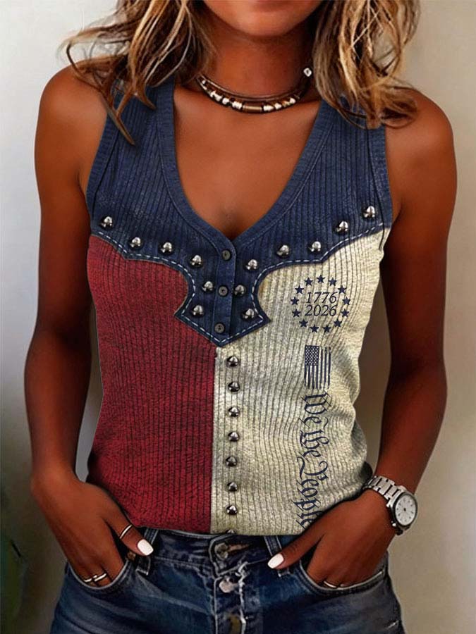 Women'S Retro American Independence Day 250Th Anniversary Flag Printed Casual Vest