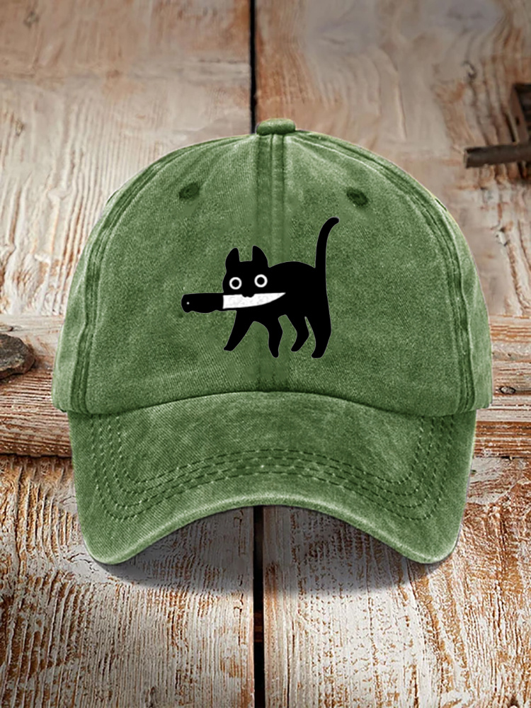 Funny Black Cat Print Washed Hat