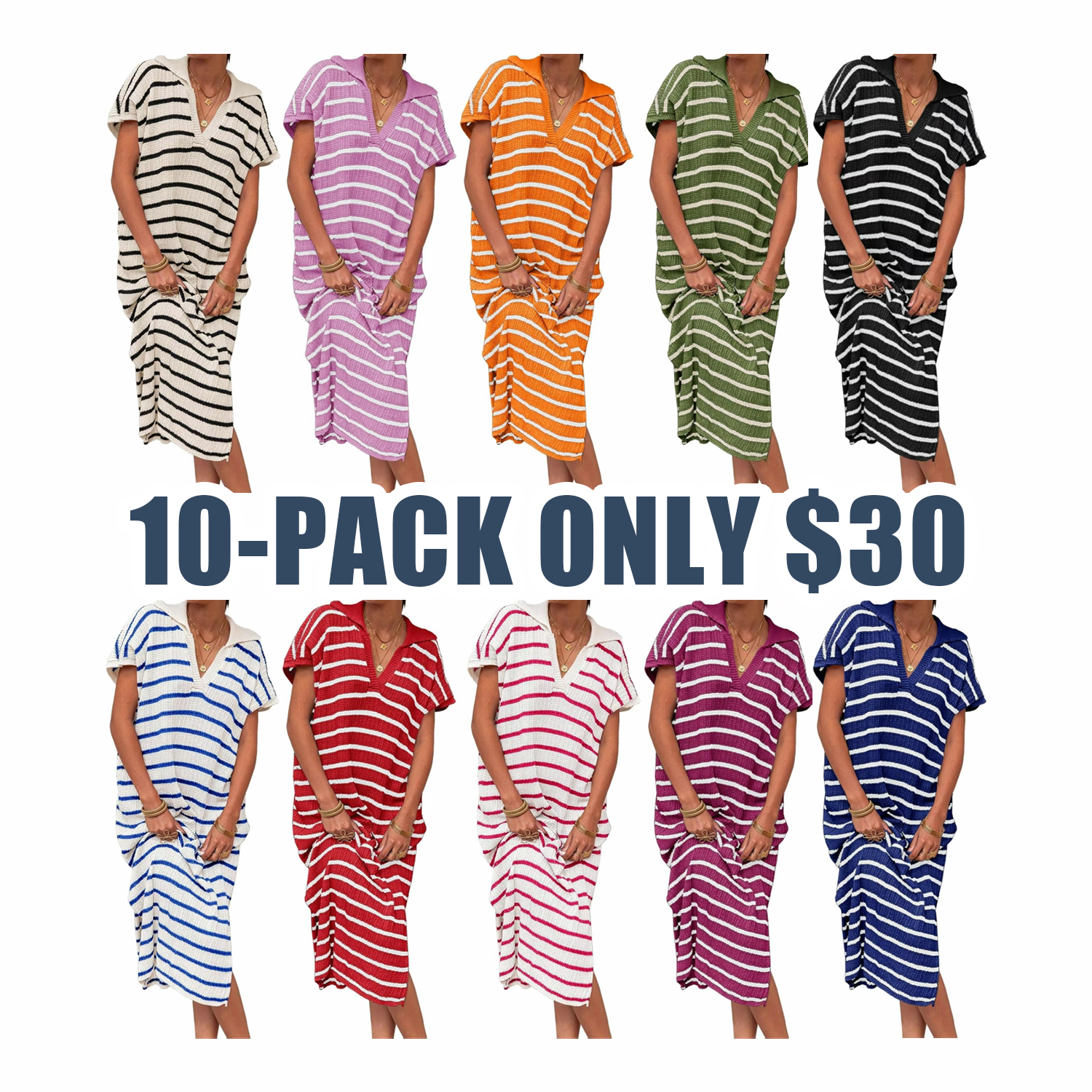 Women's Striped Summer Dress – V-Neck Short Sleeve Knit Collar Loose Maxi Dress with Slit