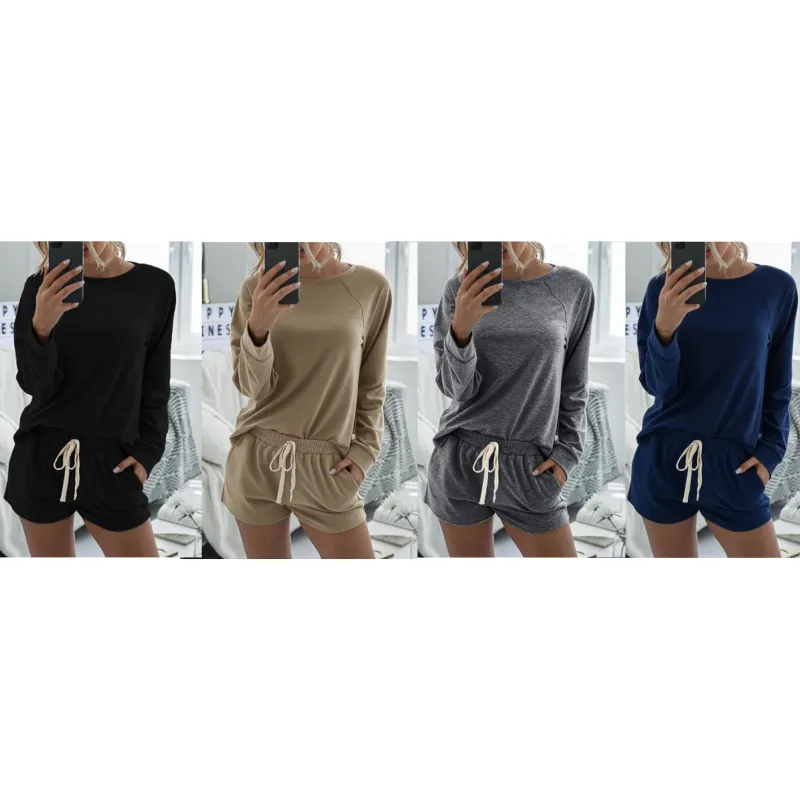 Long Sleeve Round Neck Top & Pocket Shorts Pajamas Set