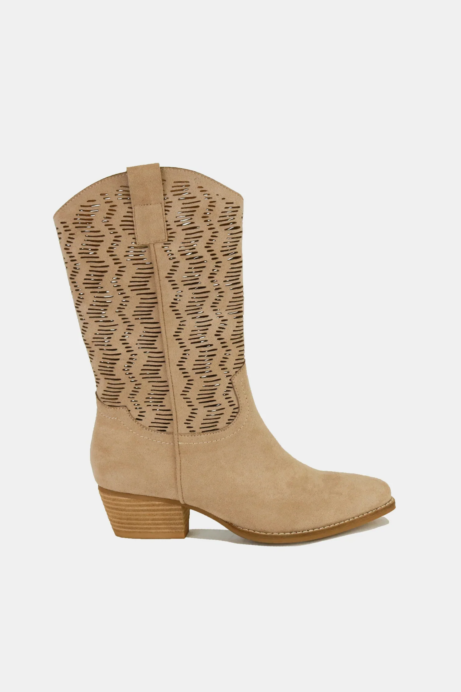 Faux Suede Laser Cut Detail Block Heel Boots in Tan