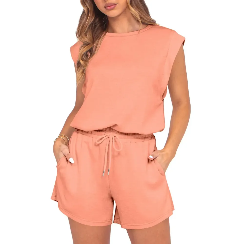 Women 2026 Summer Cap Sleeve Adjustable Drawstring Waistband Cozy Lounge Short Jumpsuit With Pocket