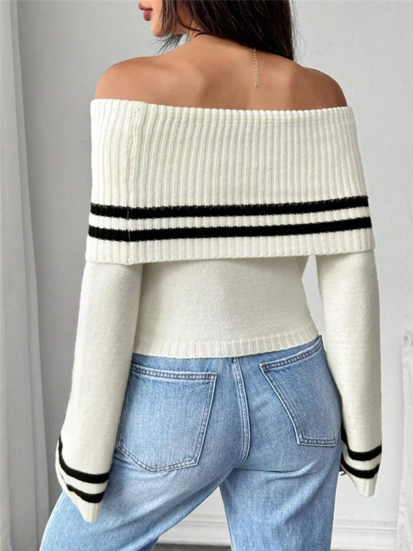 Ribbed Off-Shoulder Striped Knit Top