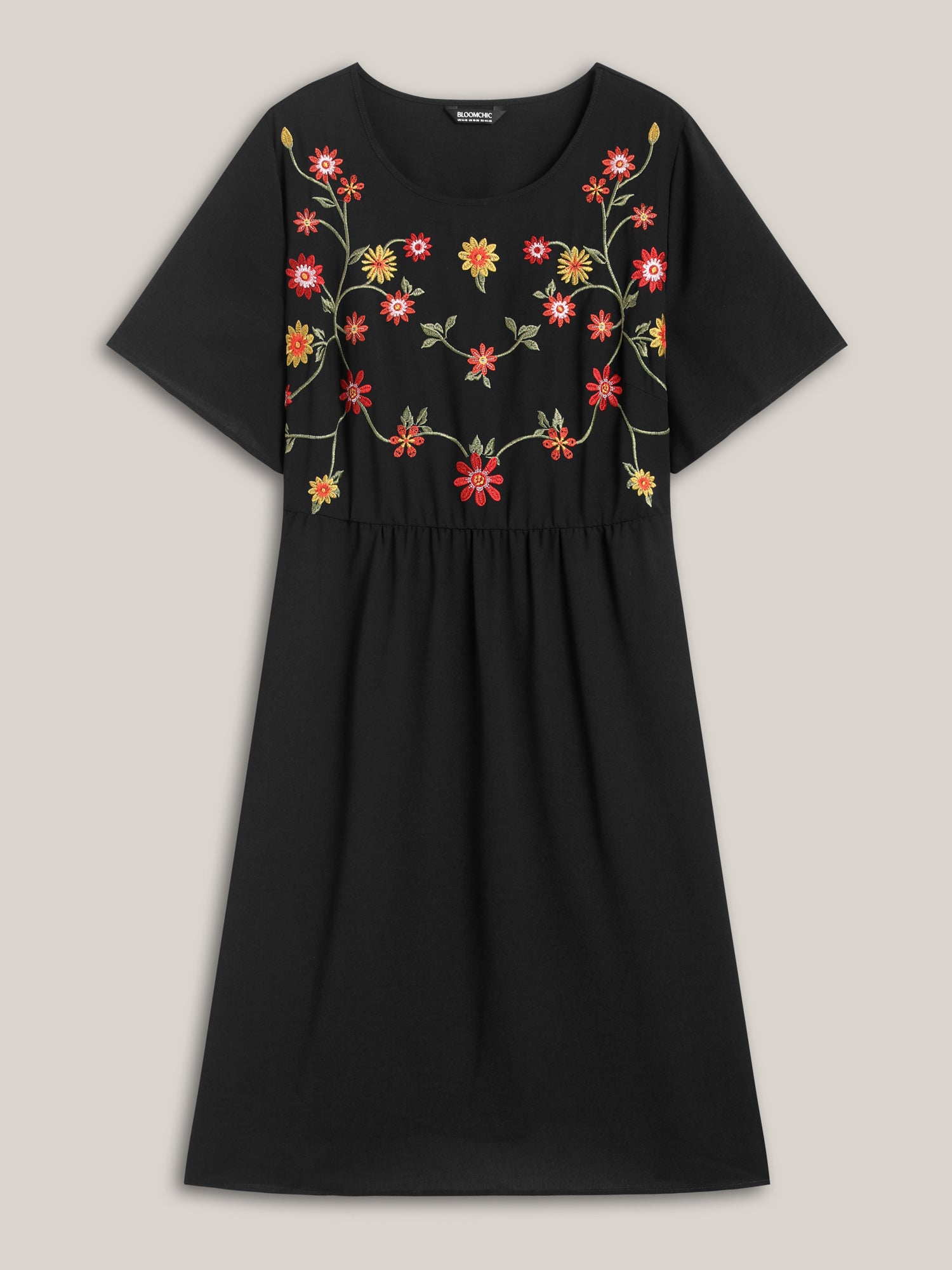 Floral Embroidered Waist-Cinched Midi Dress