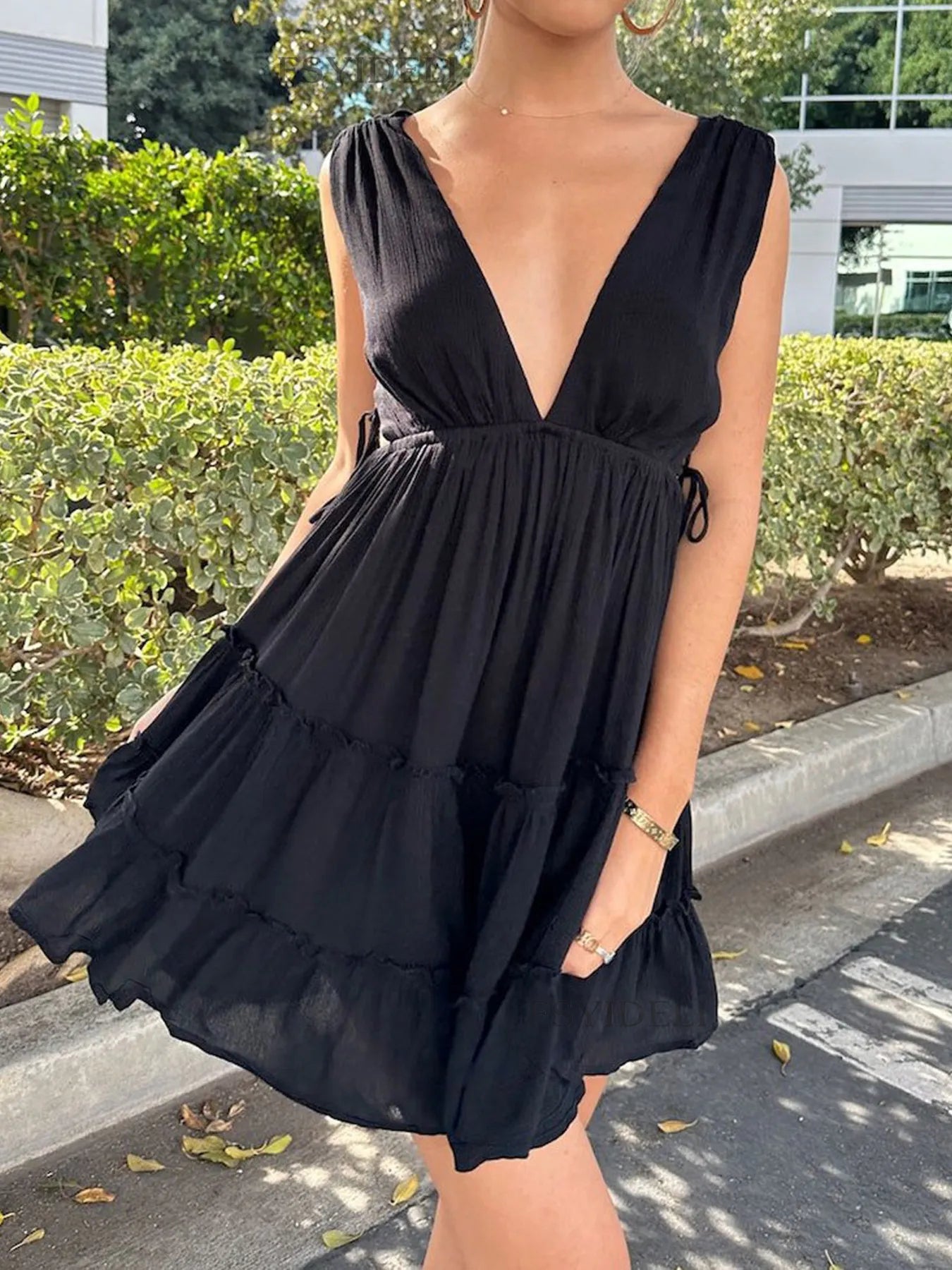 Deep V-Neck Tiered Mini Dress