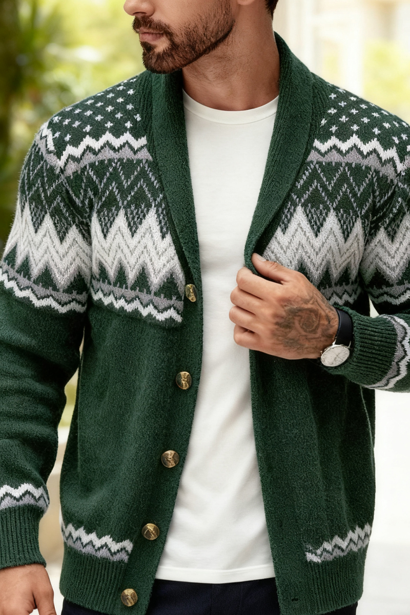 Men's Green Fair Isle Shawl Collar Cardigan